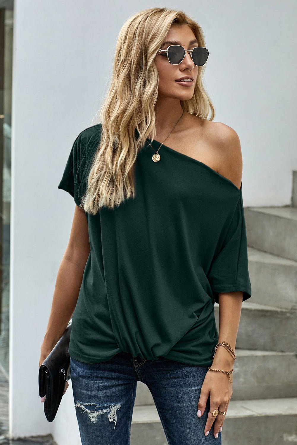 Women's Green Off-The-Shoulder Slash Neck Casual Loose Fitting Top