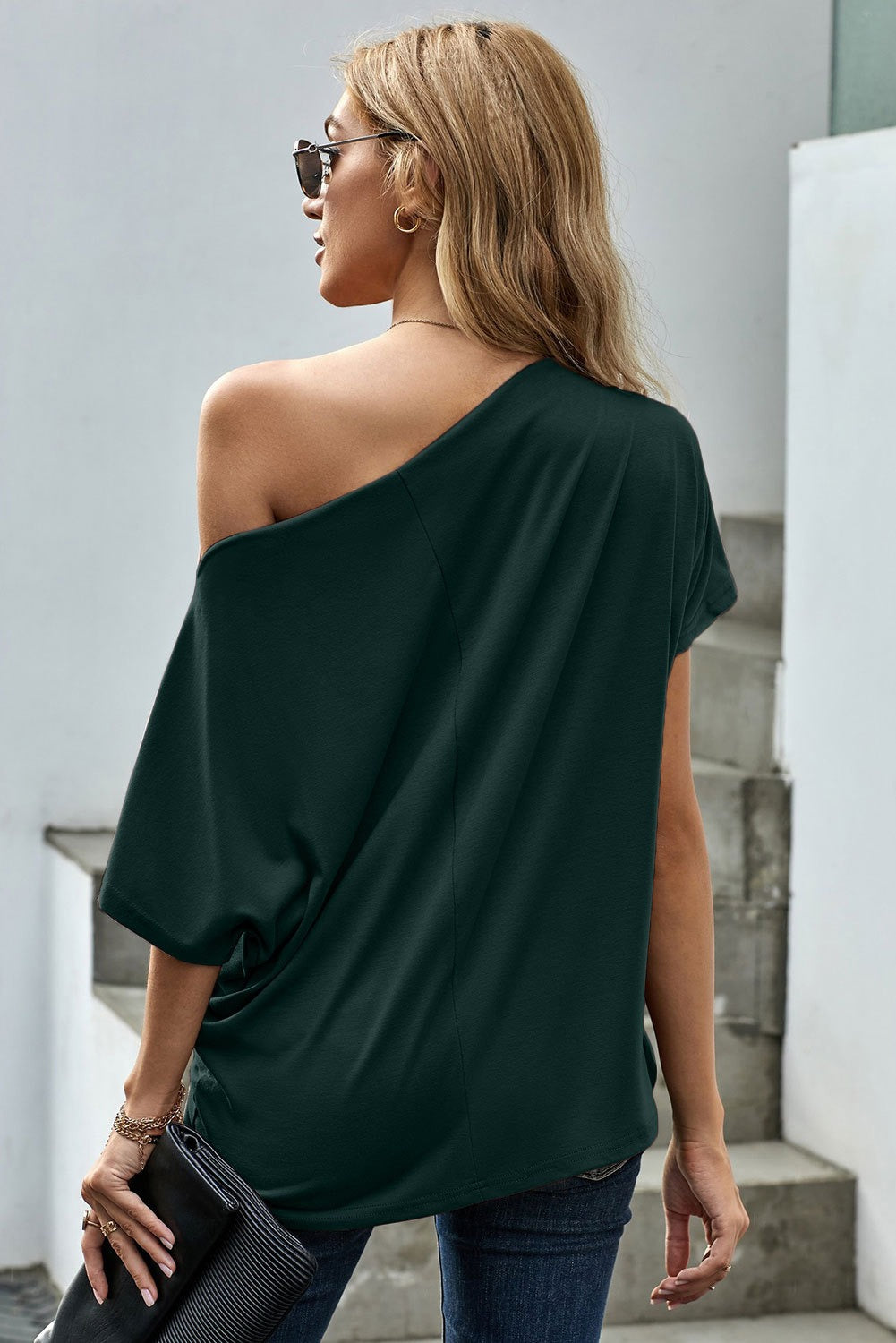 Women's Green Off-The-Shoulder Slash Neck Casual Loose Fitting Top