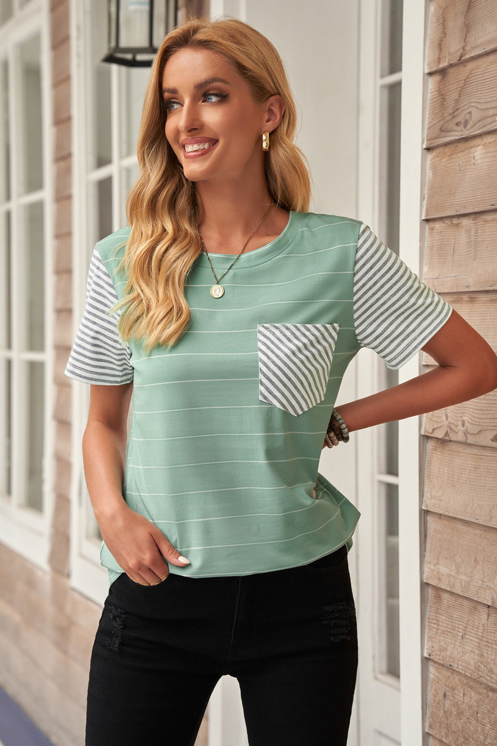 Women's Green Striped Short Sleeve Contrast Color T-Shirt with Pocket