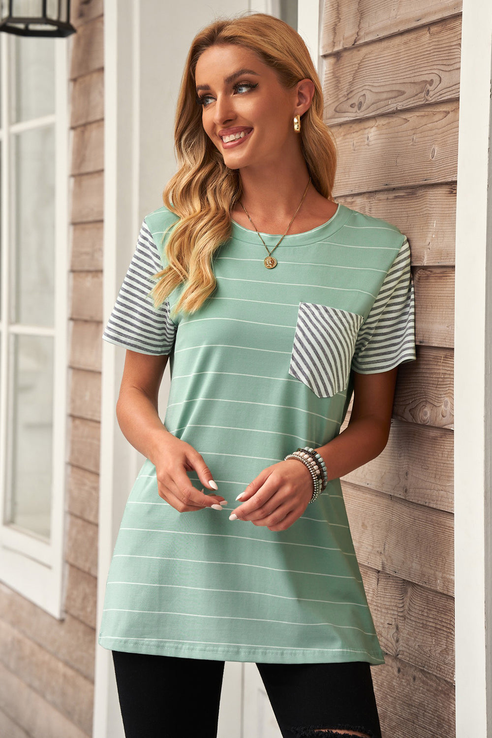 Women's Green Striped Short Sleeve Contrast Color T-Shirt with Pocket