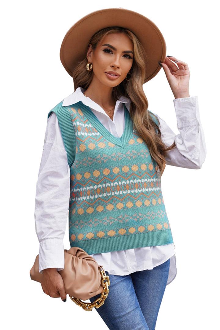 Women's Green Tribal Print V Neck Knitted Sweater Vest