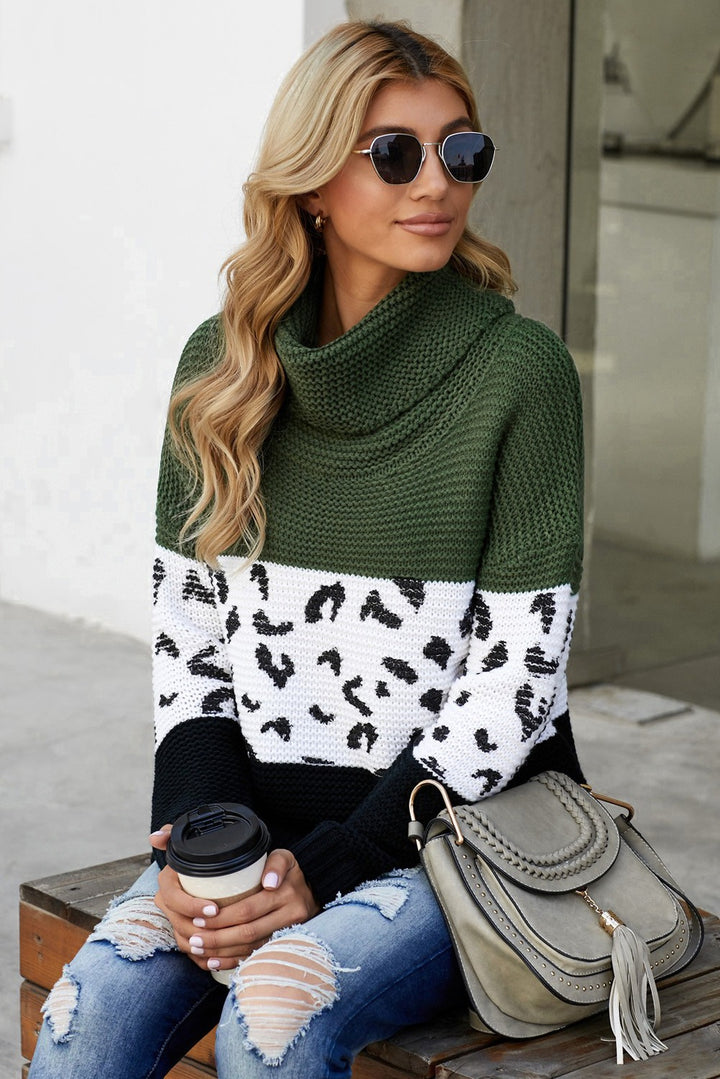 Women's Green Turtleneck Splicing Chunky Knit Pullover Sweater