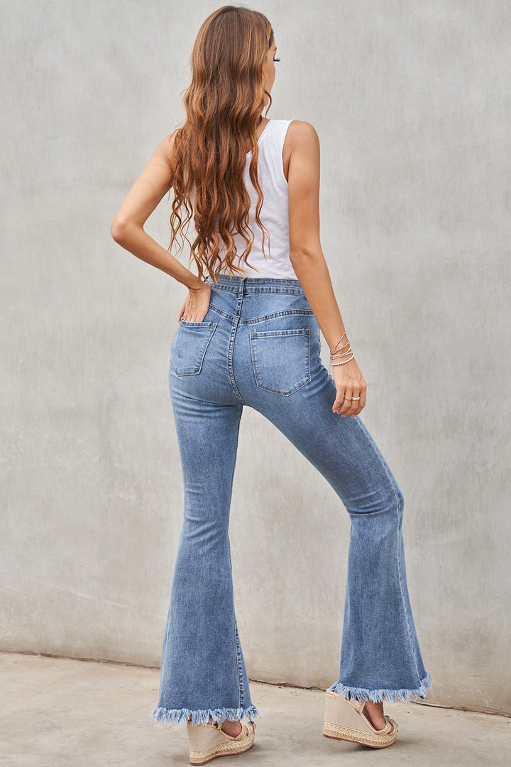 Women's Medium Washed High Waist Flare Jeans with Raw Edges