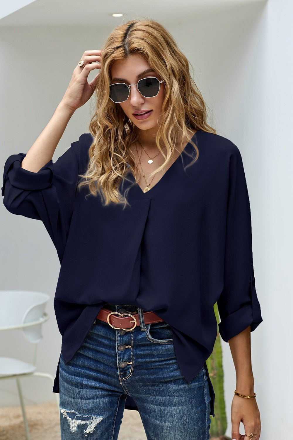 Women's Navy Blue V Neck 3/4 Sleeve High Low Hem Shirt