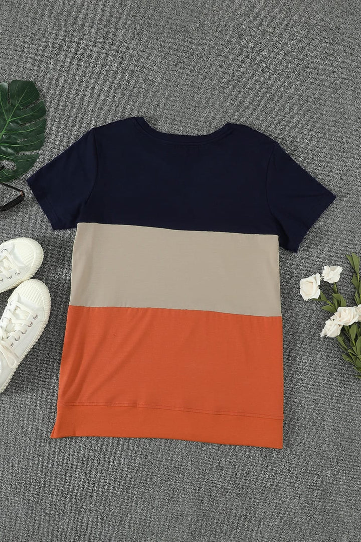 Women's Orange Contrast Colorblock Short Sleeve Casual T-shirt