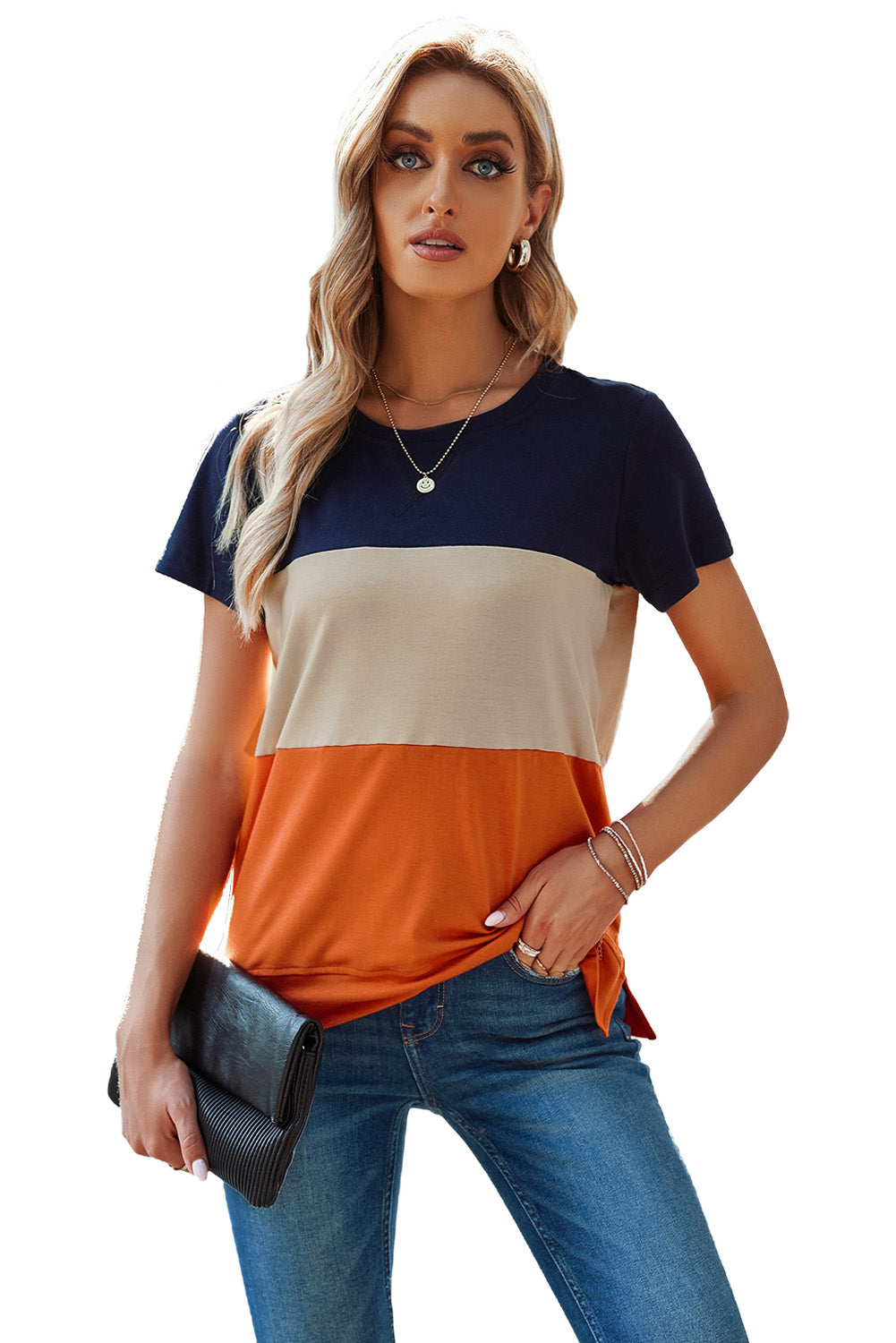 Women's Orange Contrast Colorblock Short Sleeve Casual T-shirt