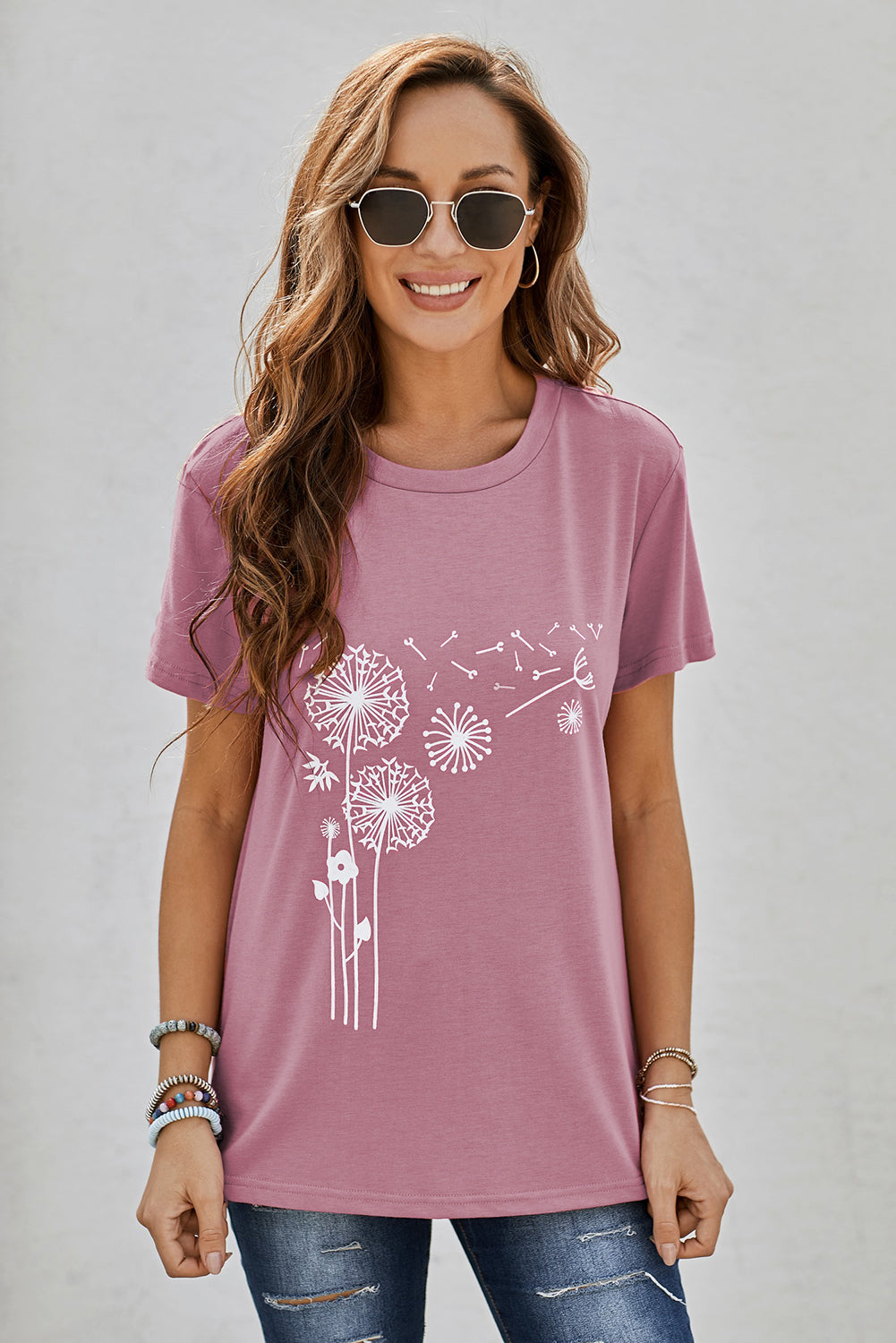Women's Pink Crew Neck Dandelion Print Short Sleeve T-shirt