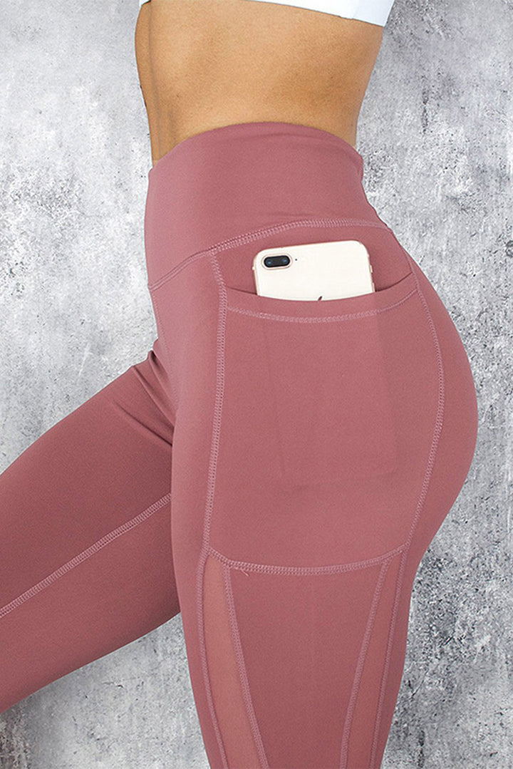 Women's Pink Mesh Side Splicing High Waist Yoga Sports Leggings with Phone Pocket
