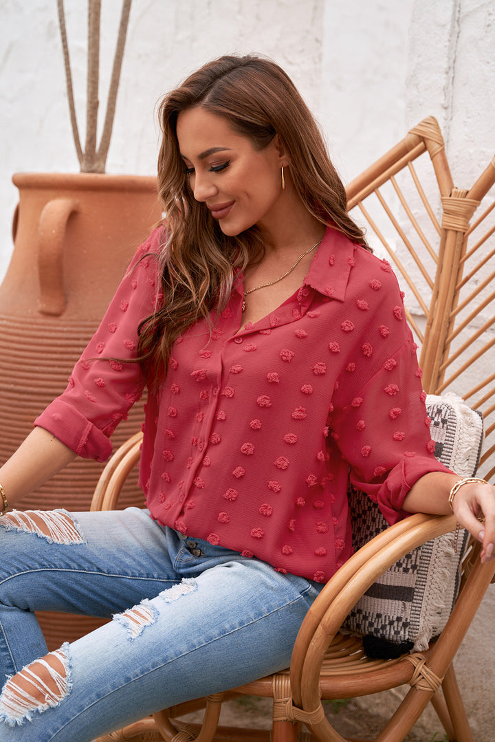 Women's Red Long Sleeve Button Fuzzy Polka Dot Work Shirt
