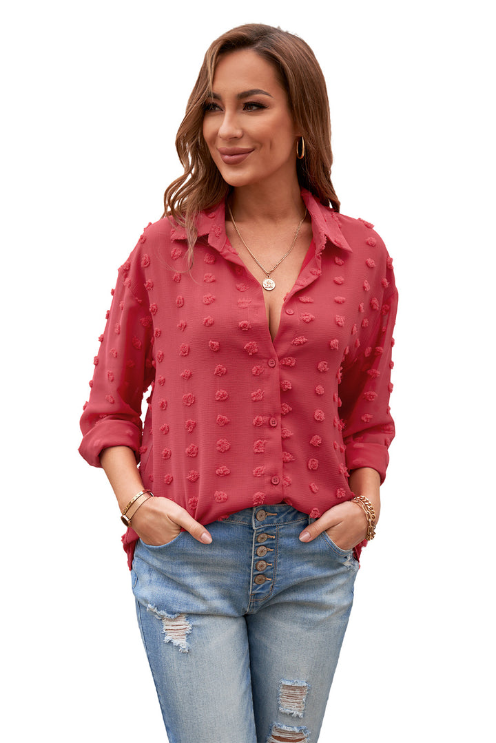 Women's Red Long Sleeve Button Fuzzy Polka Dot Work Shirt