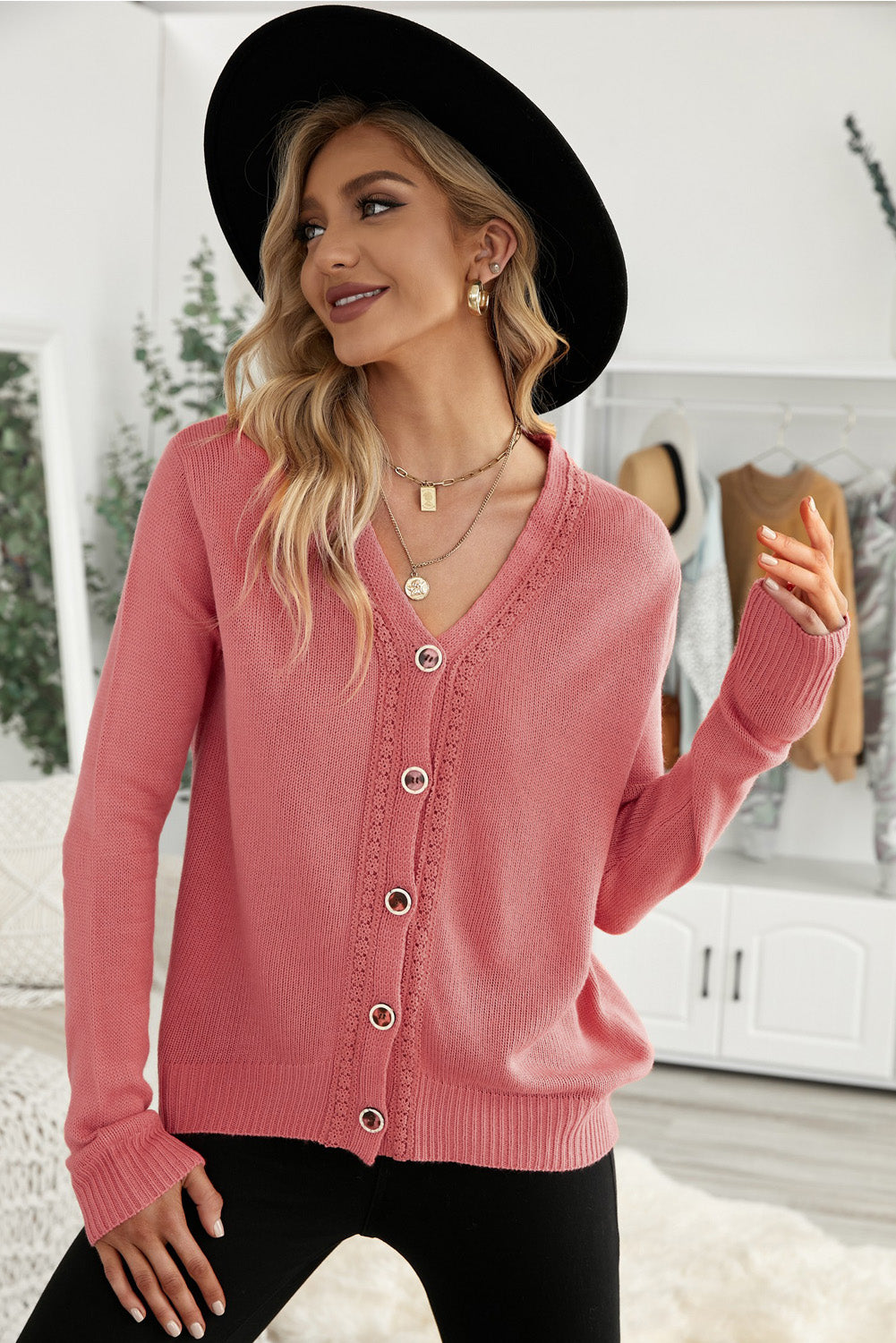 Women's Red V Neck Lace Splicing Buttoned Cardigan