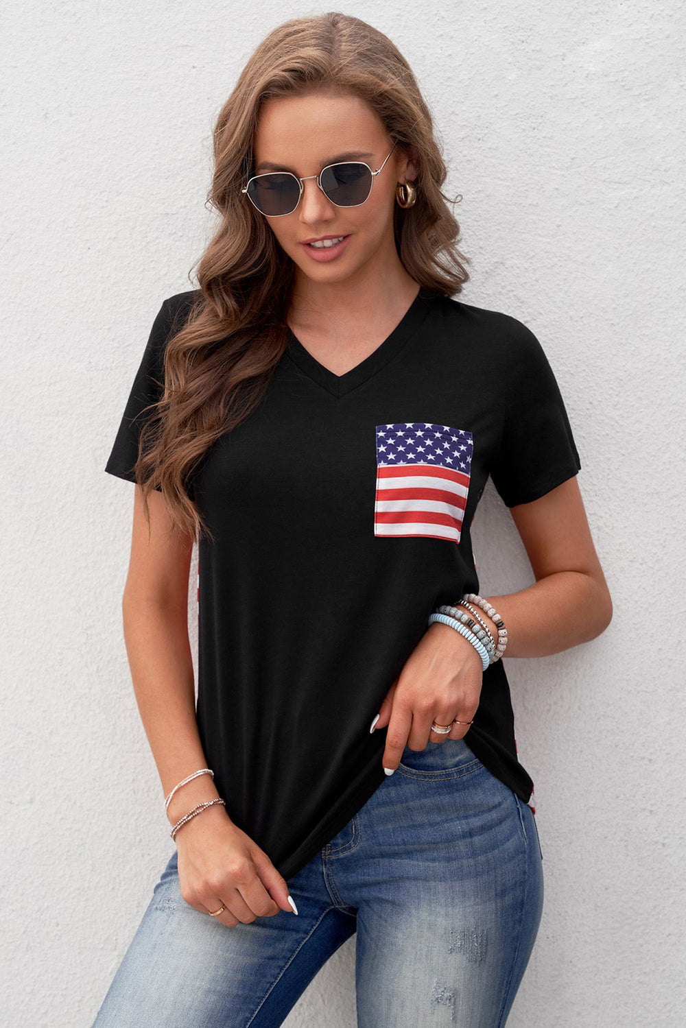 Women's Short Sleeve Black USA Flag Print T-shirt