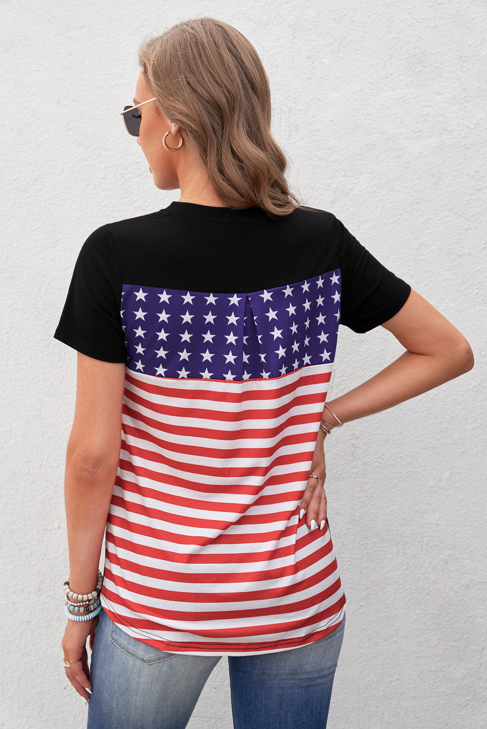 Women's Short Sleeve Black USA Flag Print T-shirt