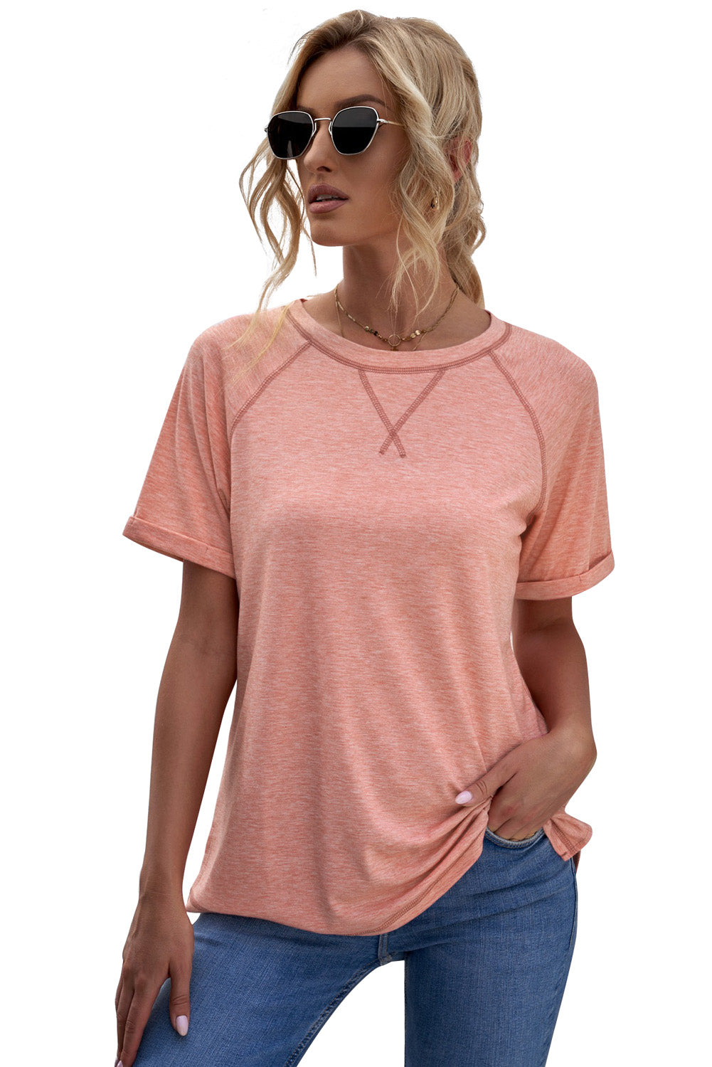Women's Short Sleeve Pink Heathered Round Neck T-shirt