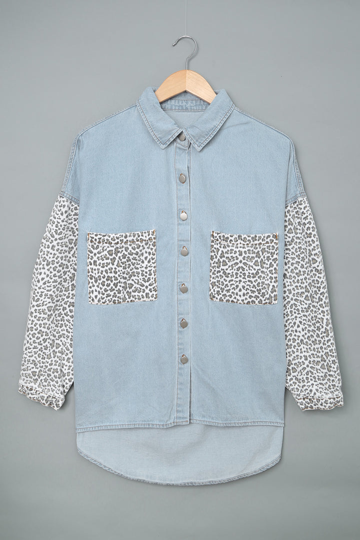 Women's Sky Blue Contrast Leopard Denim Jacket