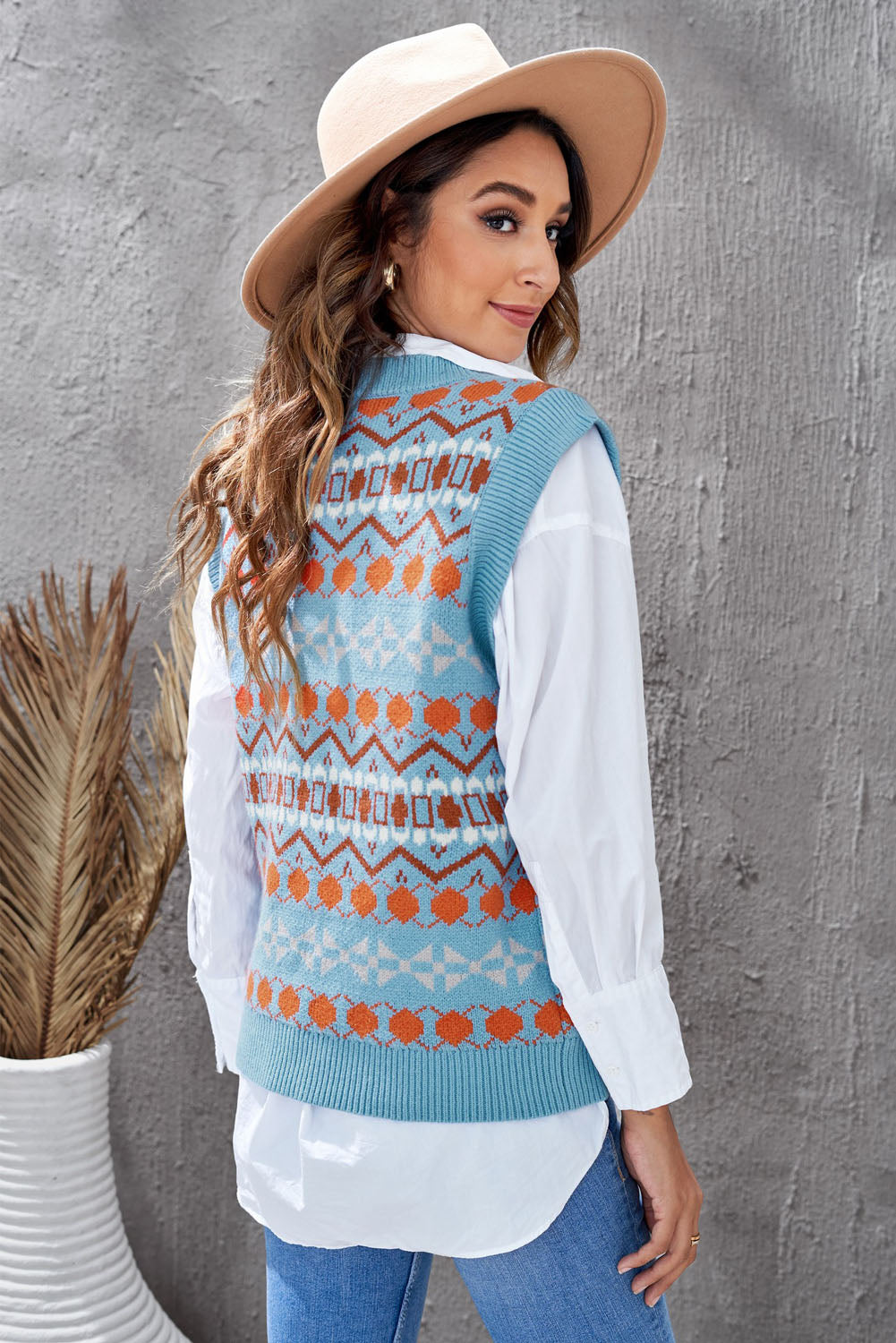 Women's Sky Blue Tribal Print V Neck Knitted Sweater Vest