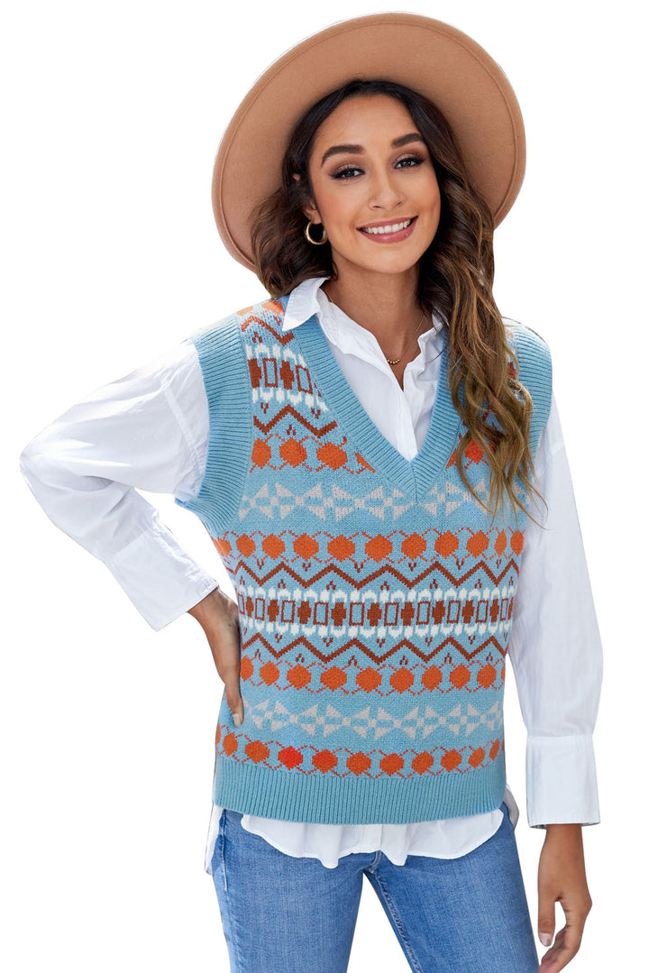 Women's Sky Blue Tribal Print V Neck Knitted Sweater Vest