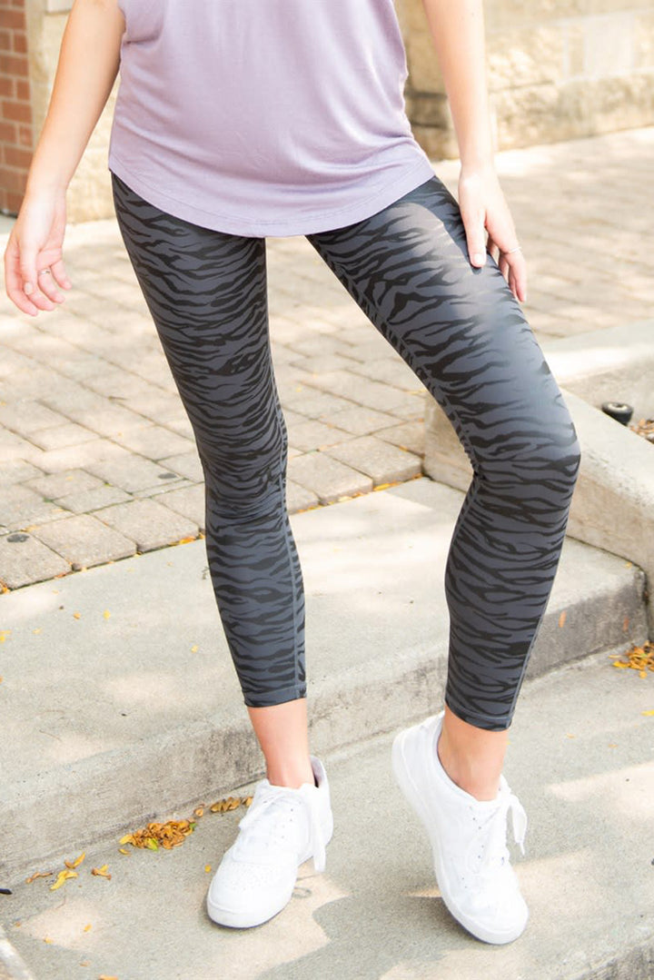 Women's Sport Black High Waist Tummy Control Zebra Stripes Print Leggings