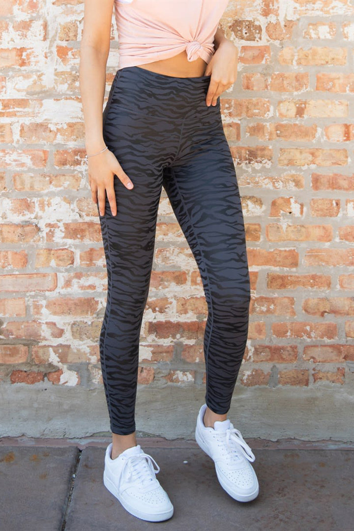 Women's Sport Black High Waist Tummy Control Zebra Stripes Print Leggings