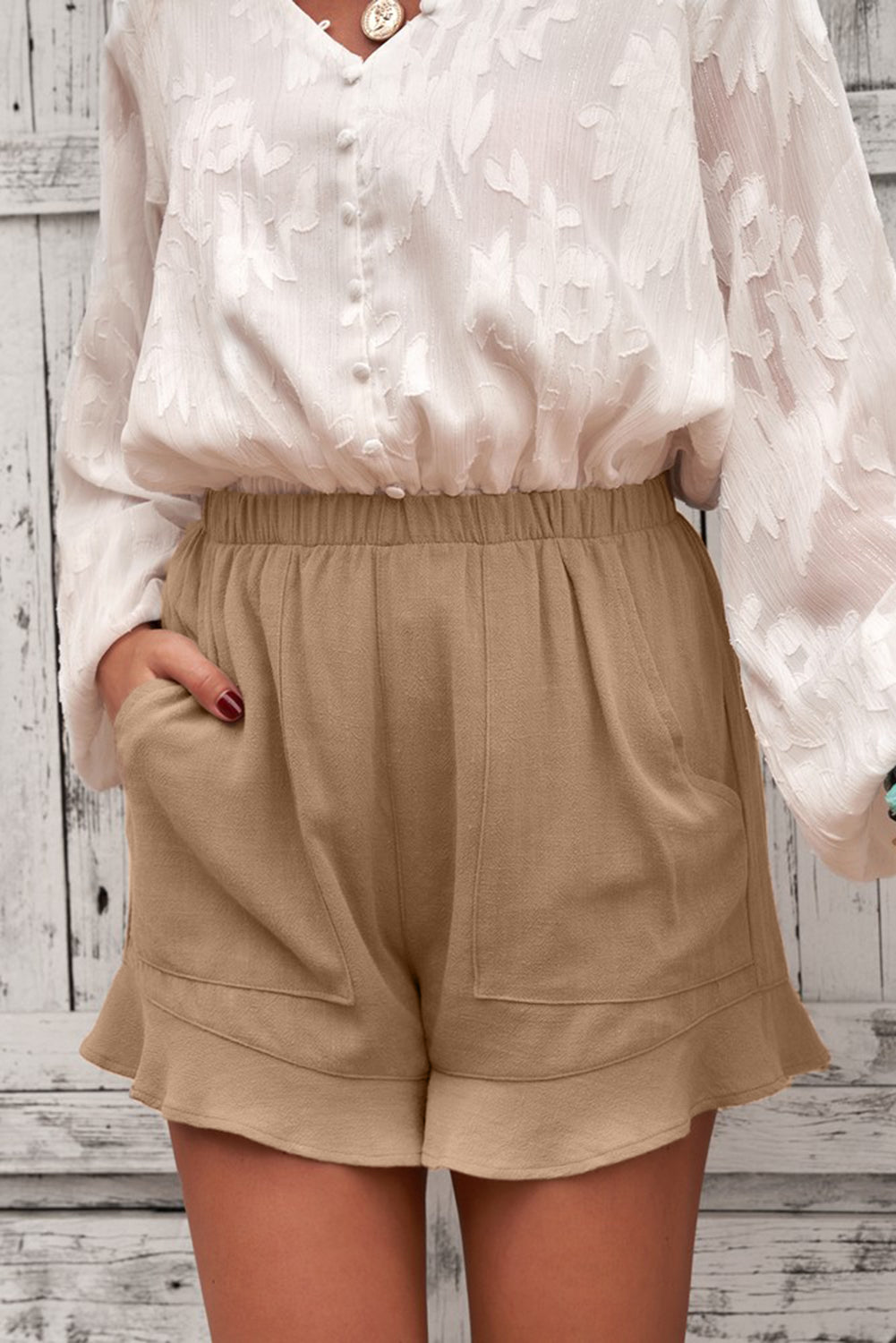 Women's Summer Khaki Pocketed Flutter Linen Cotton Shorts