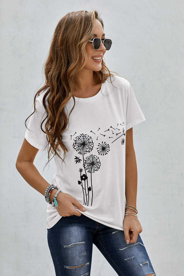 Women's White Crew Neck Dandelion Print Short Sleeve T-shirt