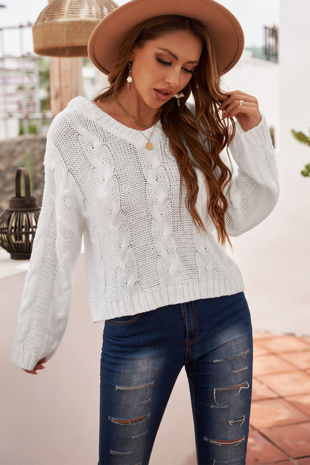 Women's White Drop Shoulder Loose Sweater with Hooded