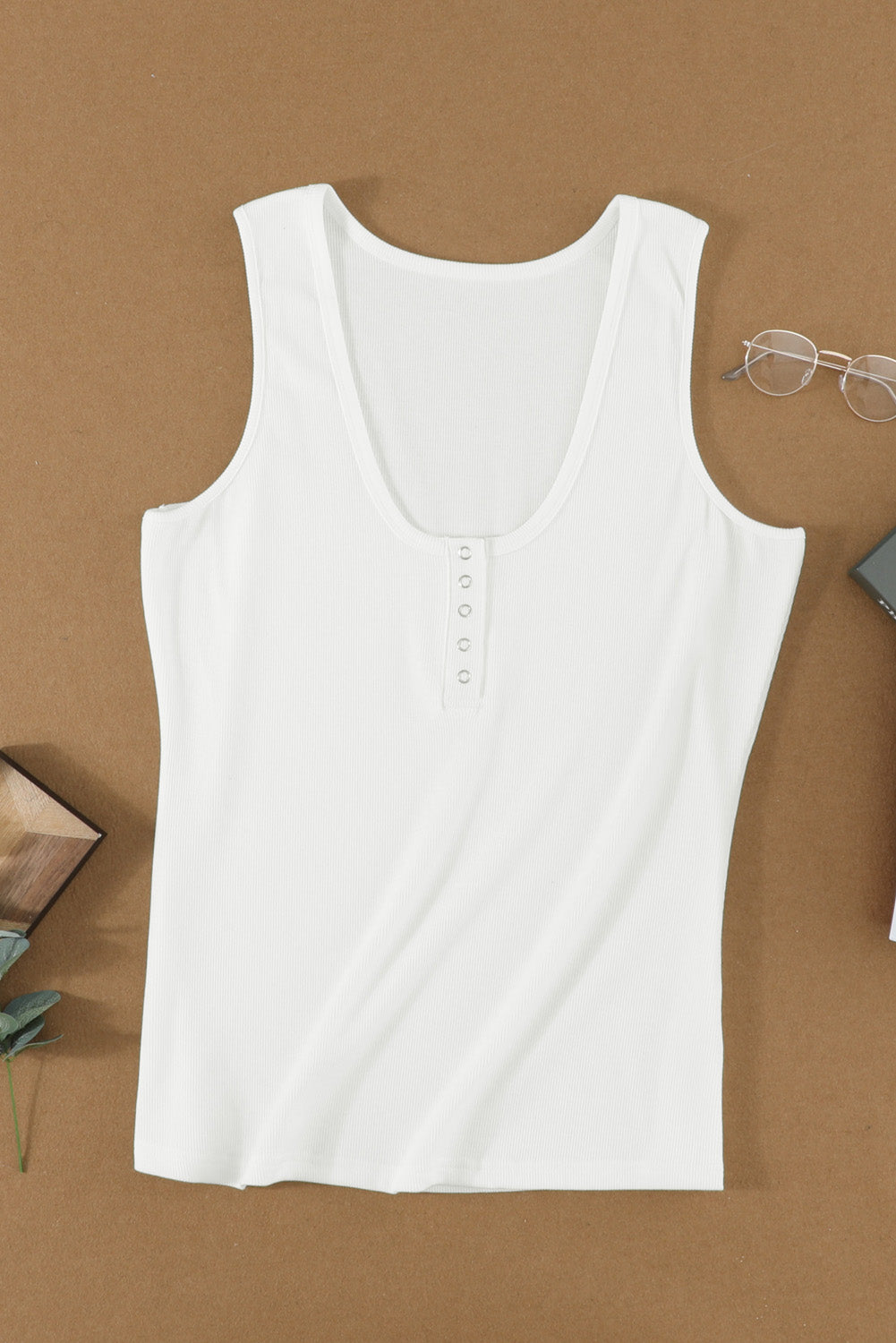 Women's White Sleeveless Scoop Neck Button Summer Tank Top