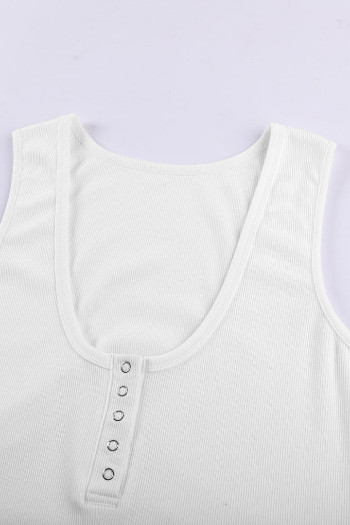 Women's White Sleeveless Scoop Neck Button Summer Tank Top