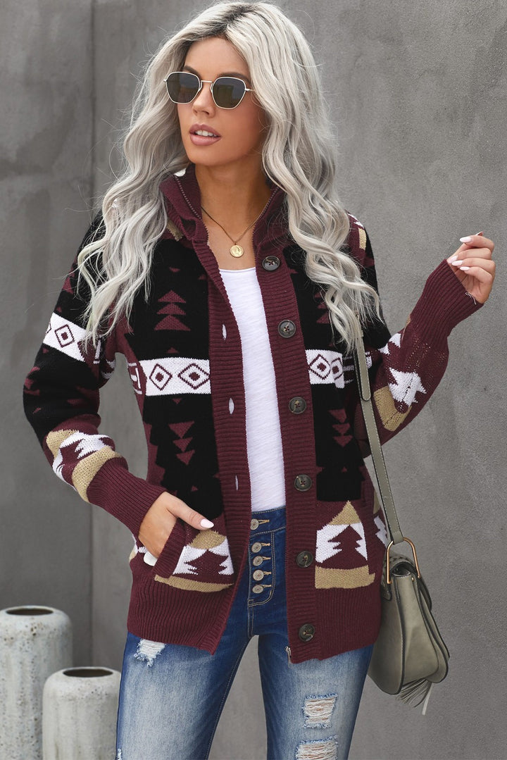 Women's Wine Retro Jacquard Pattern Buttoned Front Hooded Sweater