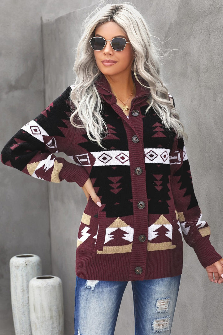 Women's Wine Retro Jacquard Pattern Buttoned Front Hooded Sweater