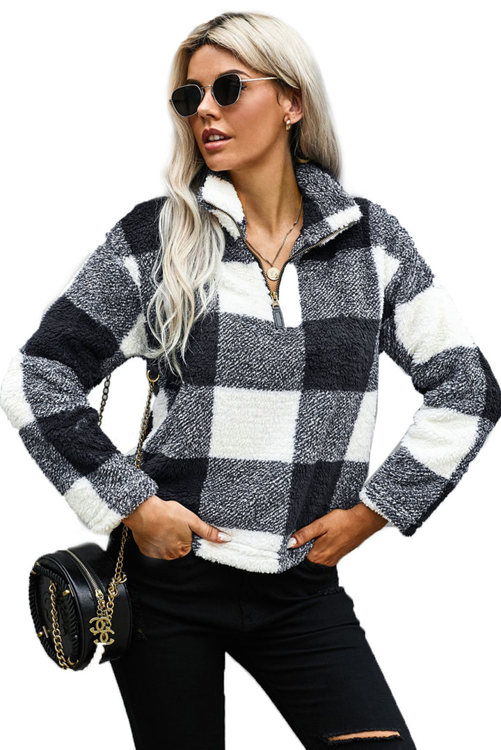 Women's Winter Black Plaid Zip Collar Plush Pullover Sweatshirt