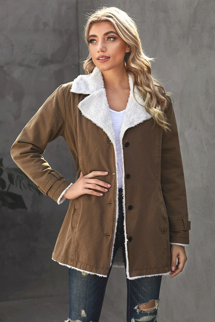 Women's Winter Khaki Lapel Collar Button Fleece Jacket