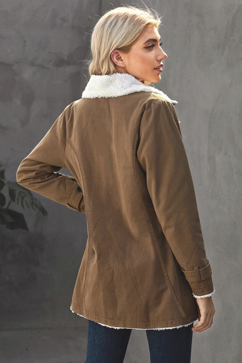 Women's Winter Khaki Lapel Collar Button Fleece Jacket