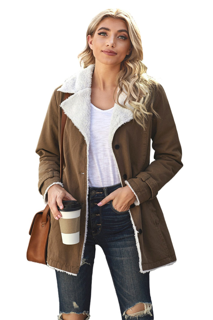 Women's Winter Khaki Lapel Collar Button Fleece Jacket