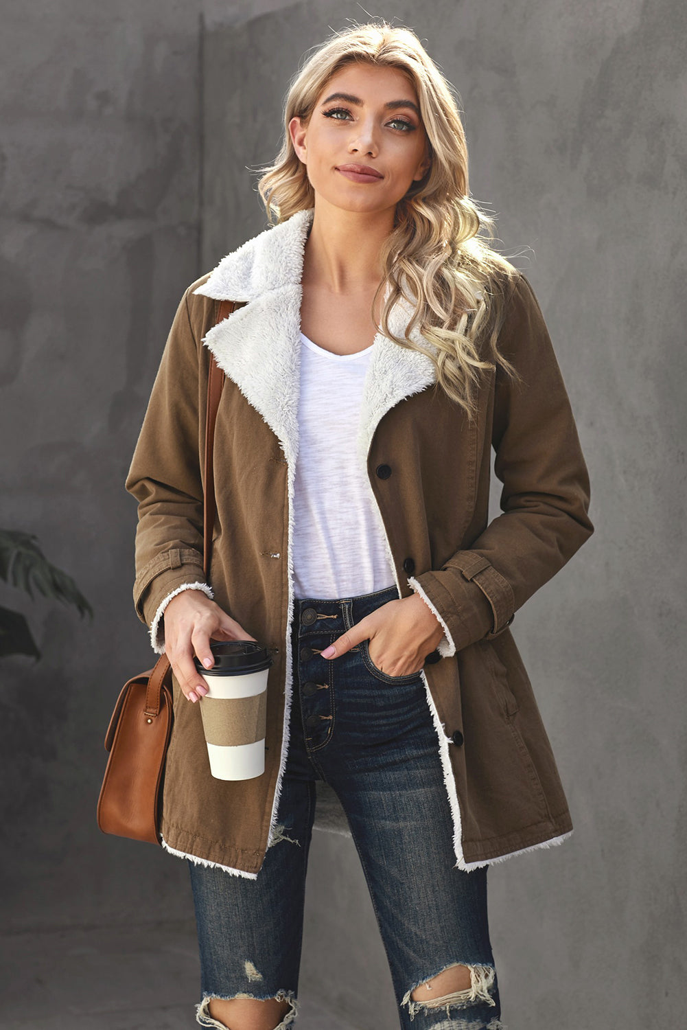 Women's Winter Khaki Lapel Collar Button Fleece Jacket