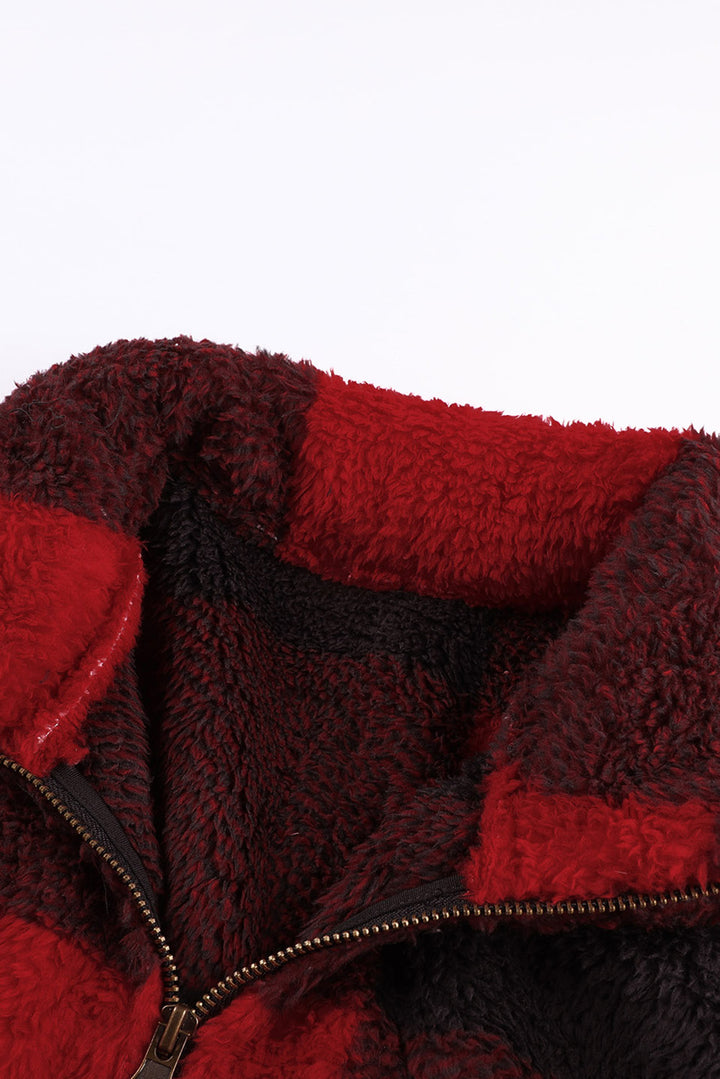 Women's Winter Red Plaid Zip Collar Plush Pullover Sweatshirt