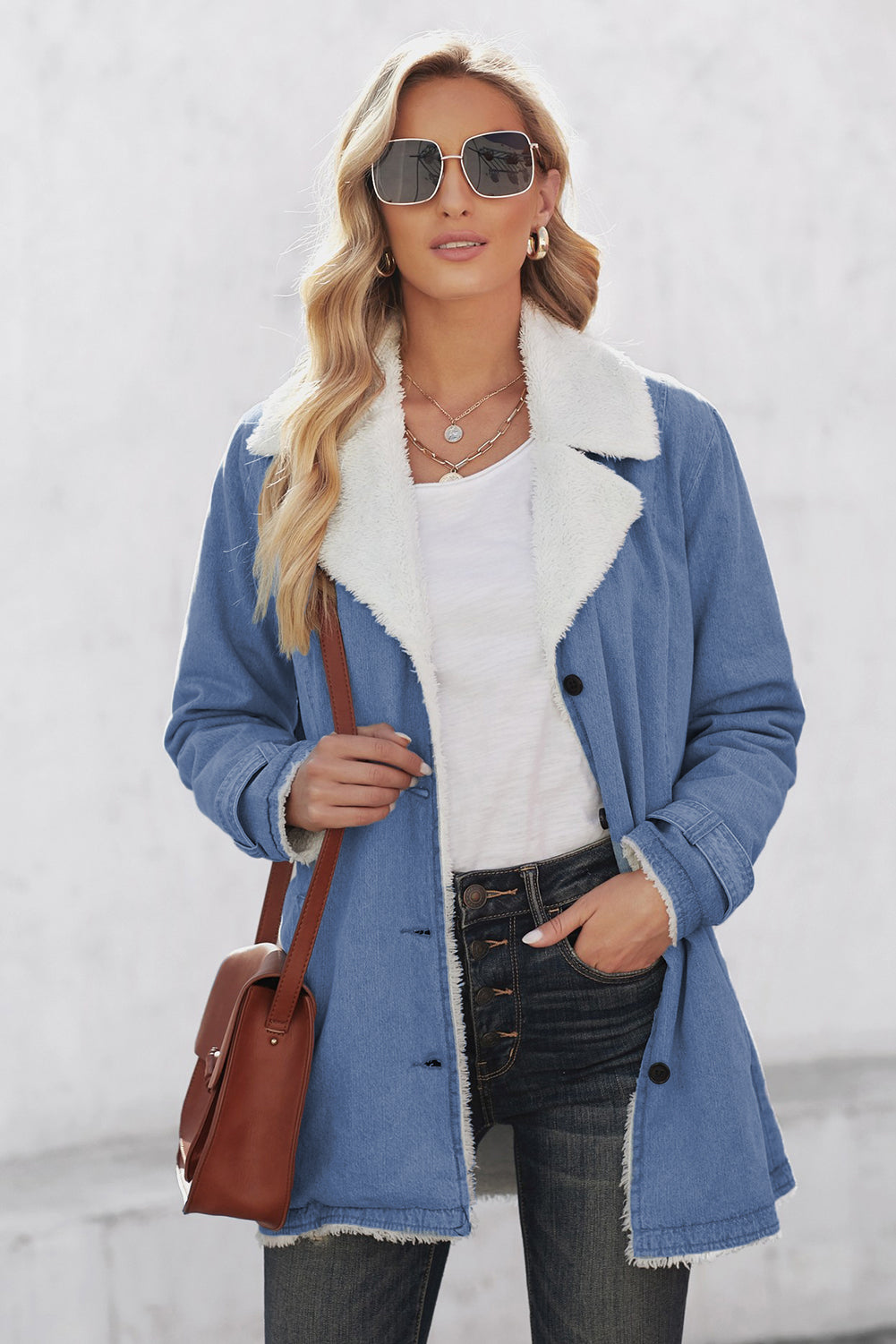 Women's Winter Sky Blue Lapel Collar Button Fleece Jacket