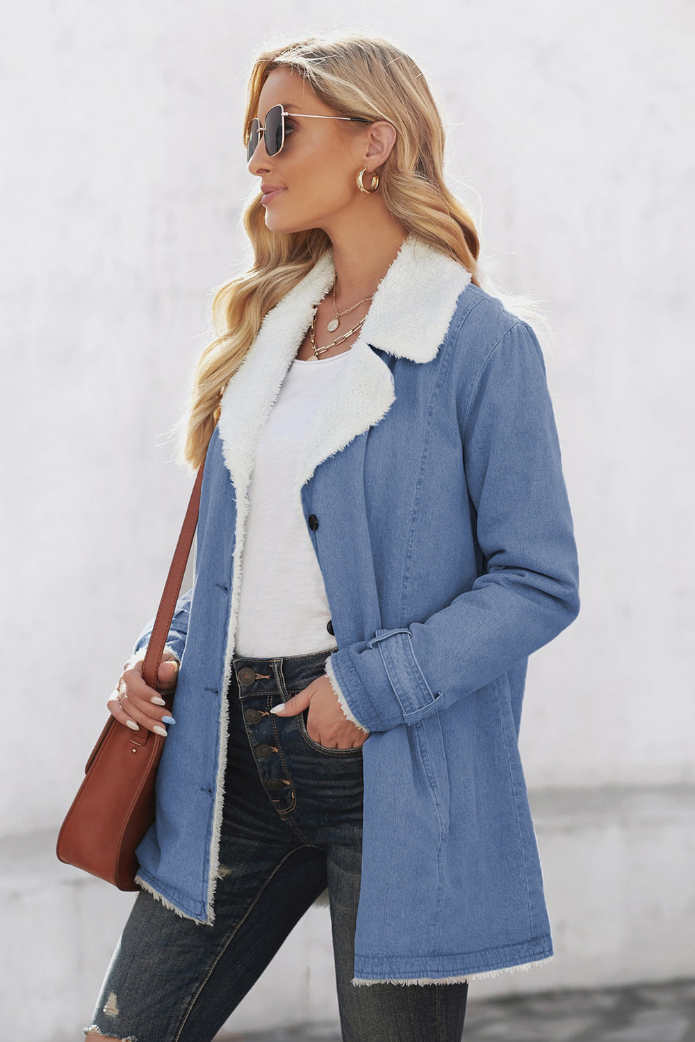 Women's Winter Sky Blue Lapel Collar Button Fleece Jacket