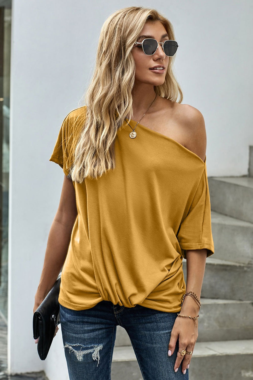 Women's Yellow Off-The-Shoulder Slash Neck Casual Loose Fitting Top