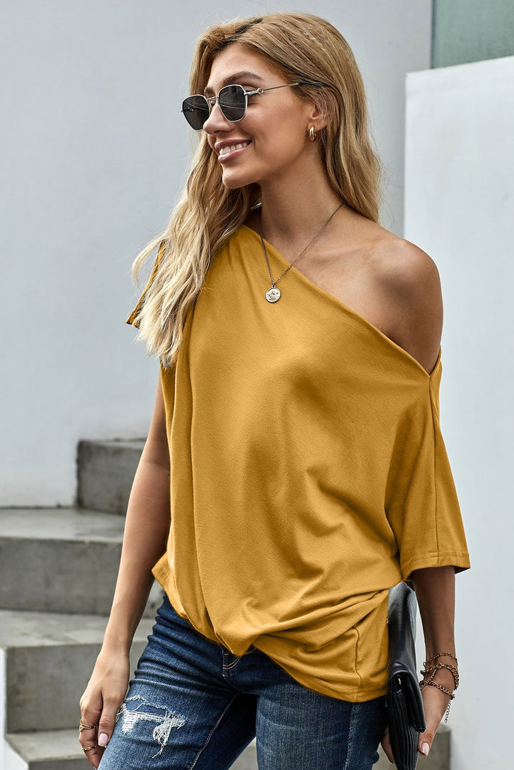 Women's Yellow Off-The-Shoulder Slash Neck Casual Loose Fitting Top