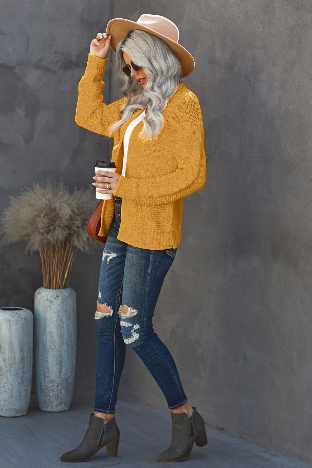 Women's Yellow Open Front Chunky Knit Cardigan