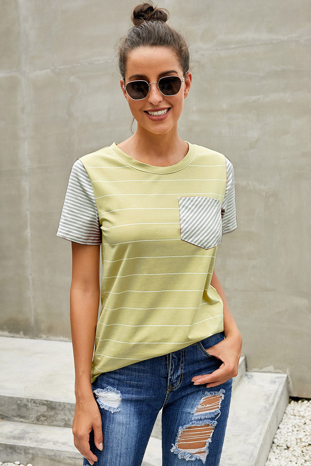 Women's Yellow Striped Short Sleeve Contrast Color T-Shirt with Pocket