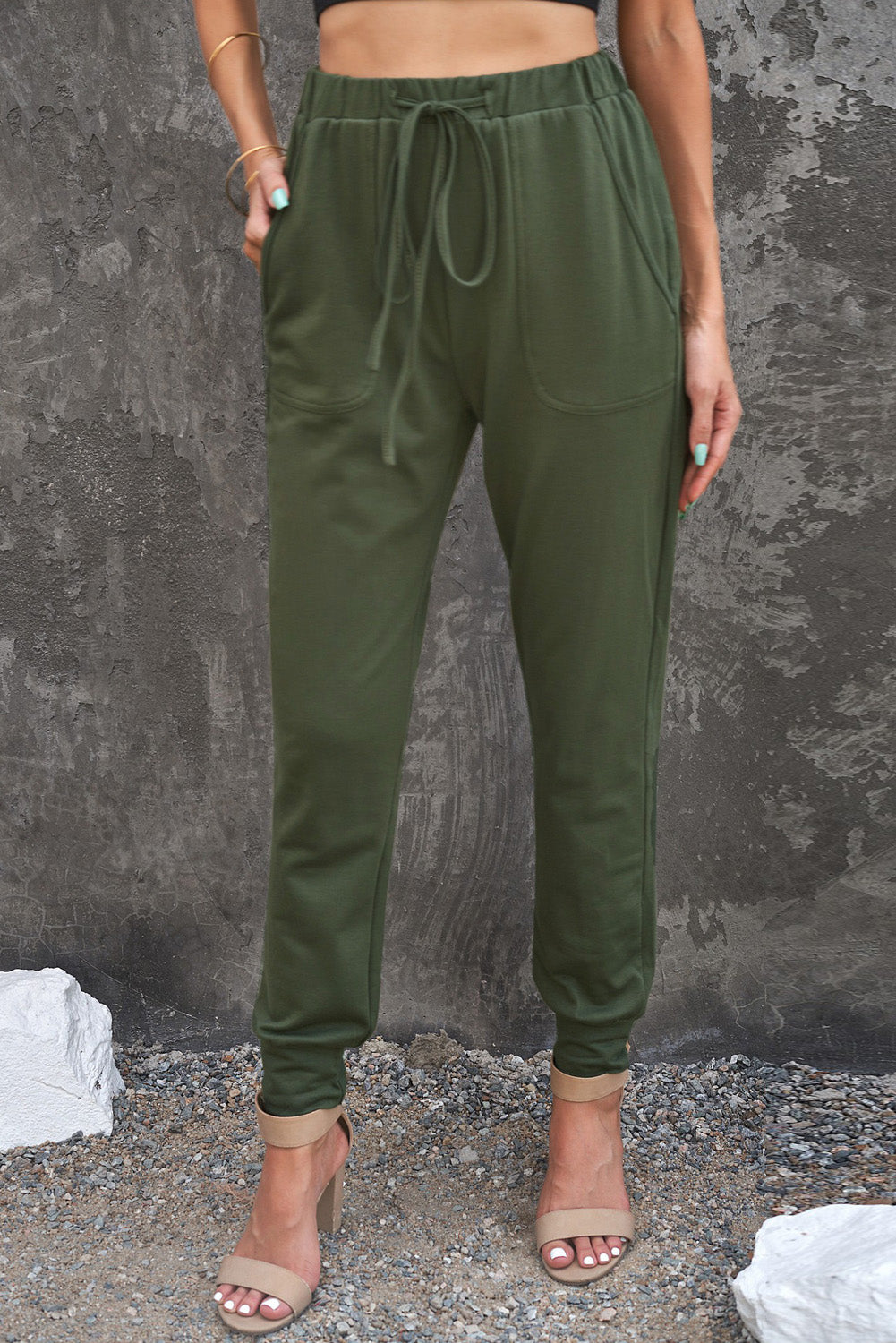 Womens Army Green Pocketed Drawstring Casual Pants