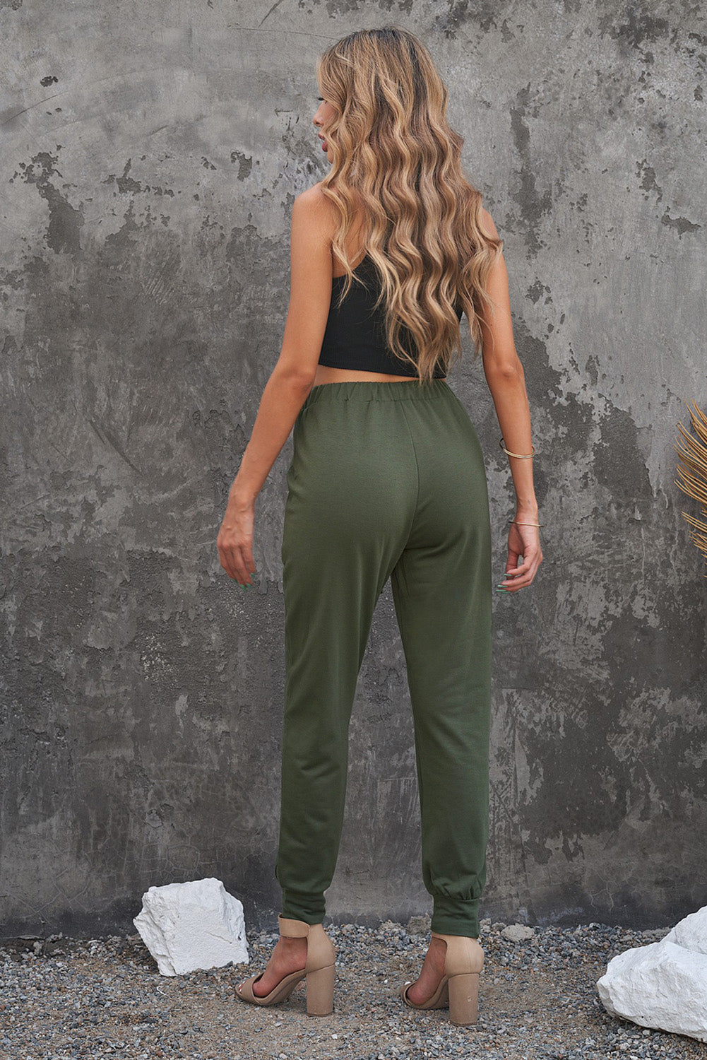 Womens Army Green Pocketed Drawstring Casual Pants