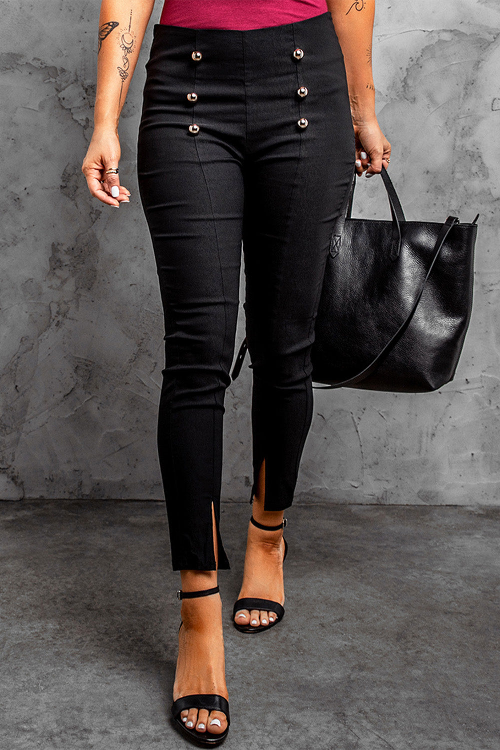 Womens Black Buttons Skinny Pants with Slits