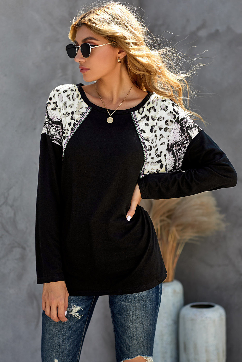 Womens Black Long Sleeve Top With Leopard Snakeskin Print