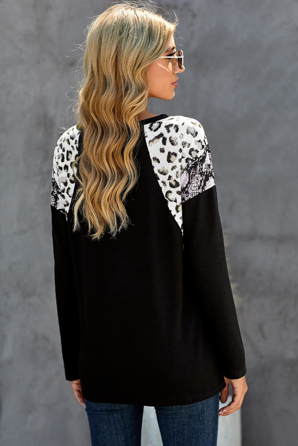 Womens Black Long Sleeve Top With Leopard Snakeskin Print