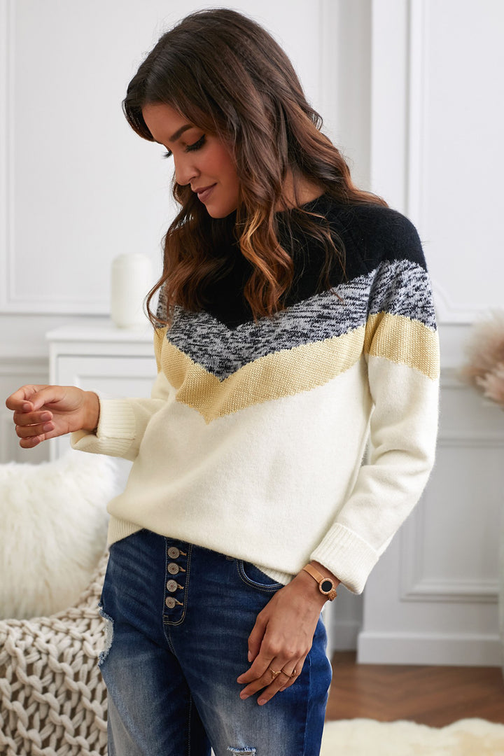 Womens Black V Stripe Pattern Colorblock Sweater