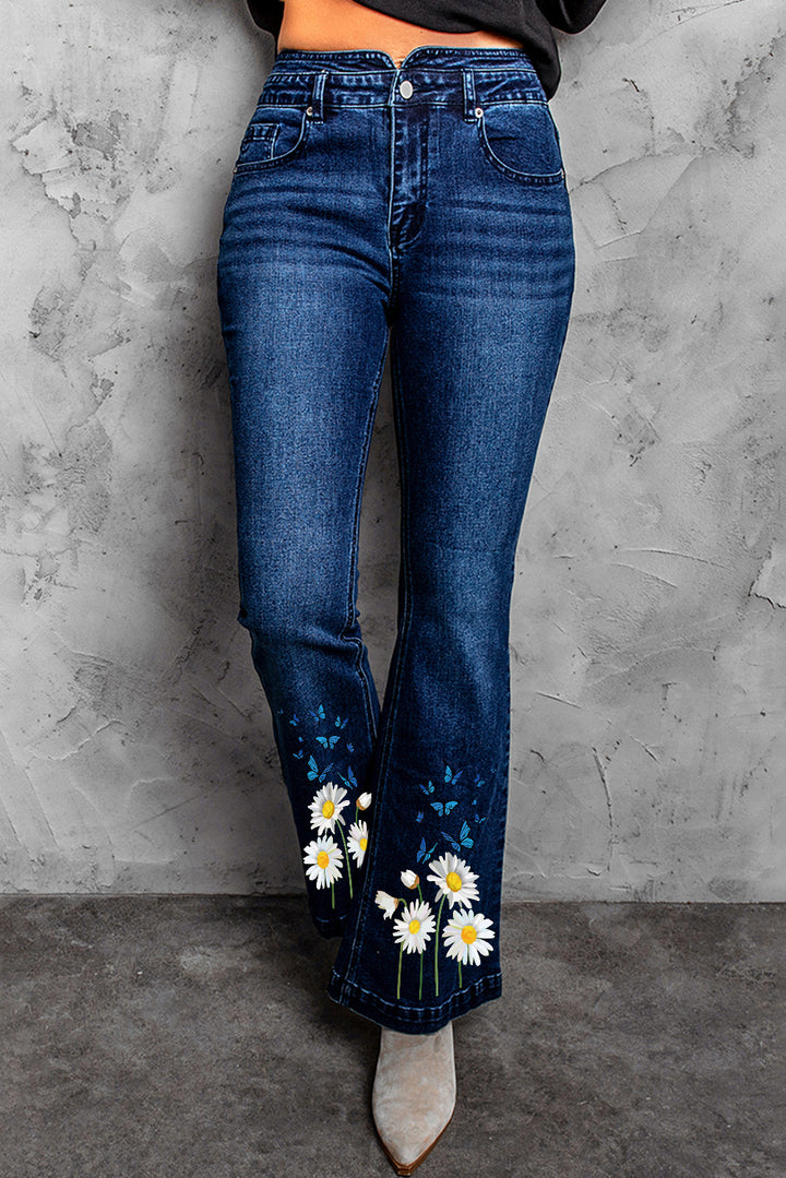 Womens Blue Daisy Print High Waist Flare Jeans