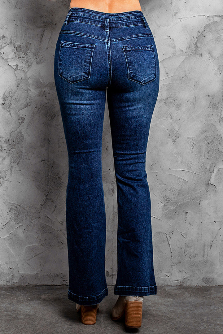 Womens Blue Daisy Print High Waist Flare Jeans